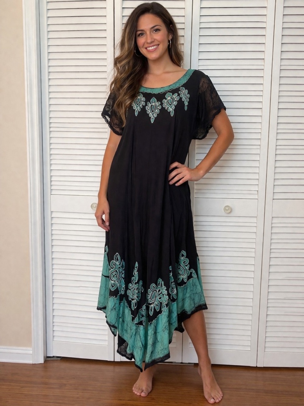 VTG Turquoise Asymmetric Fairy Dress Cottage Sheer Flutter Sleeve Embroidered